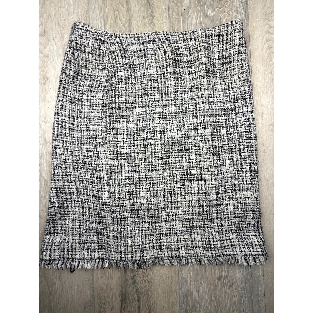 Alberto Makali Black White Metallic Tweed Fringe Hem Skirt Size 10 Wool Cotton